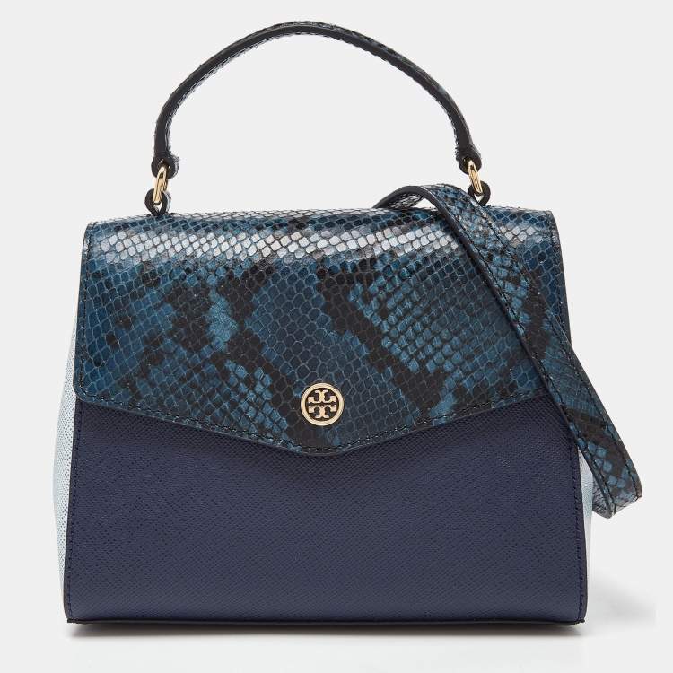 Tory Burch Blue Python Effect and Leather Robinson Flap Top Handle