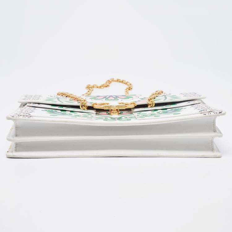 Pre Owned Tory Burch White Floral Print Leather Parker Chain Shoulder Bag