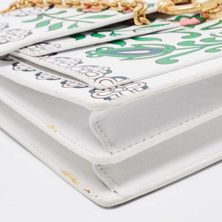 Pre Owned Tory Burch White Floral Print Leather Parker Chain Shoulder Bag