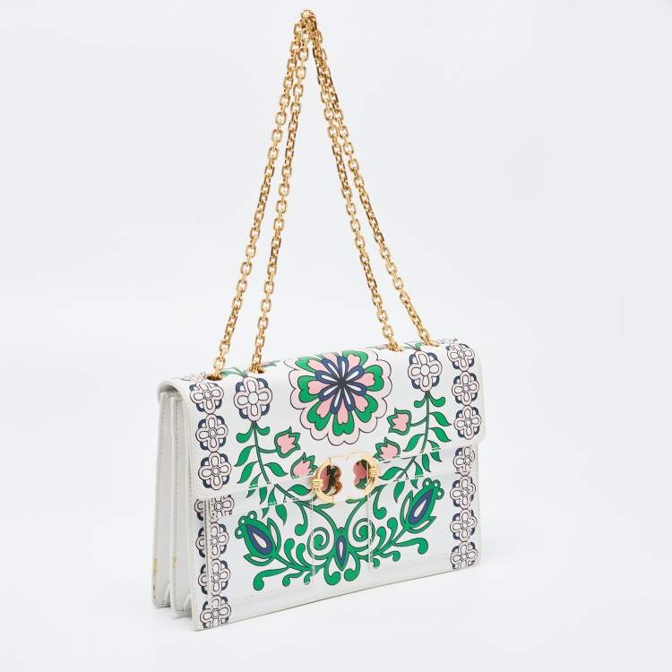 Pre Owned Tory Burch White Floral Print Leather Parker Chain Shoulder Bag