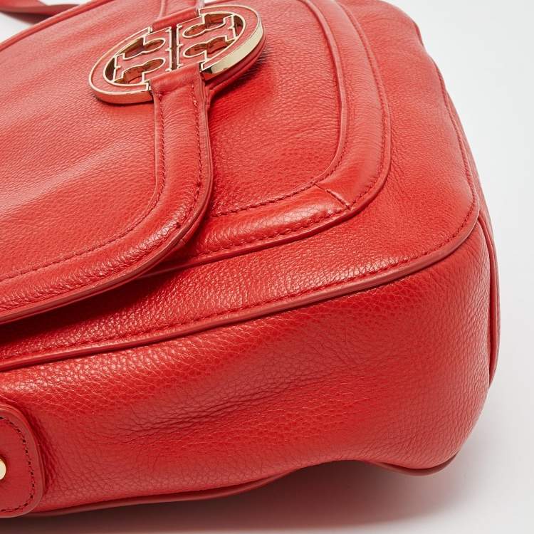 Pre Owned Tory Burch Orange Leather Amanda Round Crossbody Bag