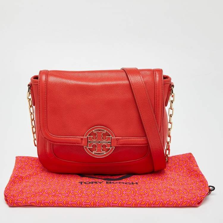 Pre Owned Tory Burch Orange Leather Amanda Round Crossbody Bag