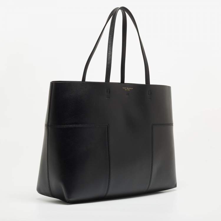 Pre Owned Tory Burch Black Leather Block-T Shopper Tote 