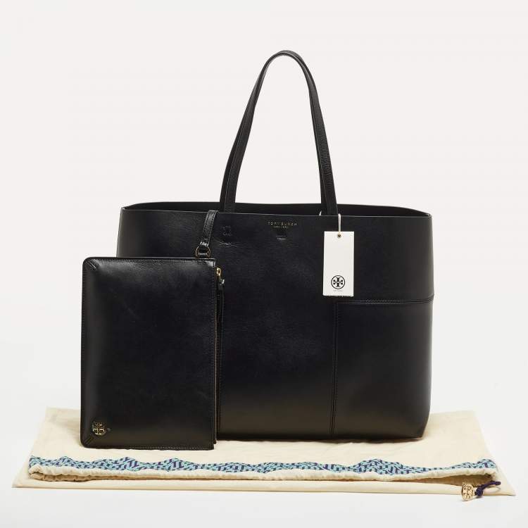 Pre Owned Tory Burch Black Leather Block-T Shopper Tote 