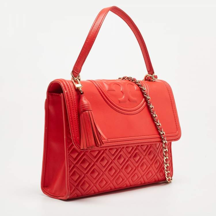 Pre Owned Tory Burch Red Quilted Leather Large Fleming Shoulder Bag