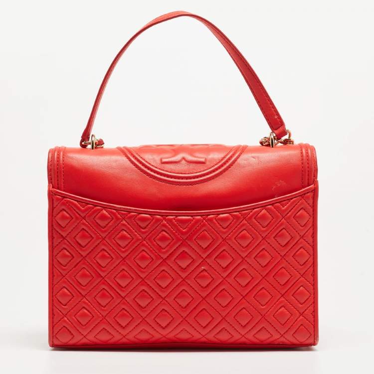 Pre Owned Tory Burch Red Quilted Leather Large Fleming Shoulder Bag