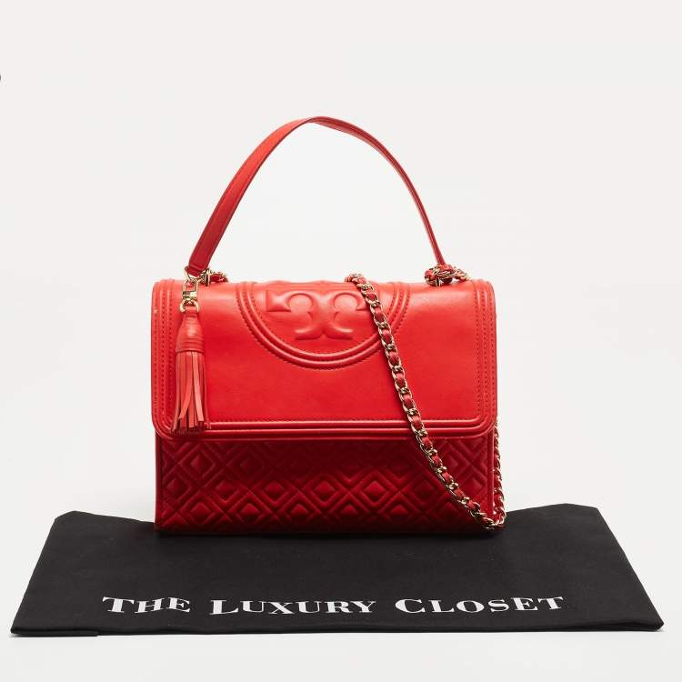 Pre Owned Tory Burch Red Quilted Leather Large Fleming Shoulder Bag