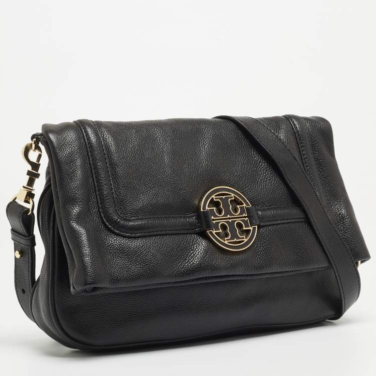 Pre Owned Tory Burch Black Leather Amanda Foldover Crossbody Bag