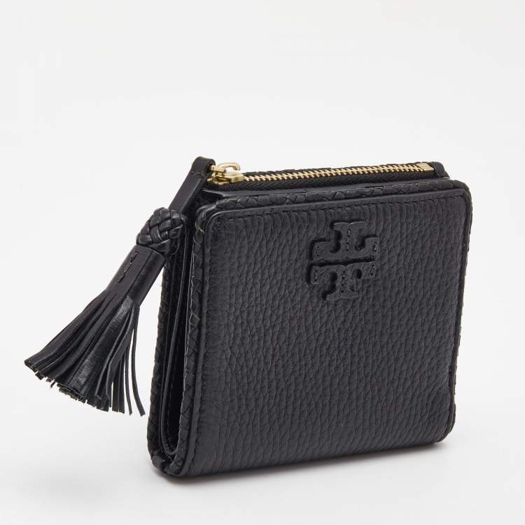 Pre Owned Tory Burch Black Leather Tassel Zip Bifold Wallet
