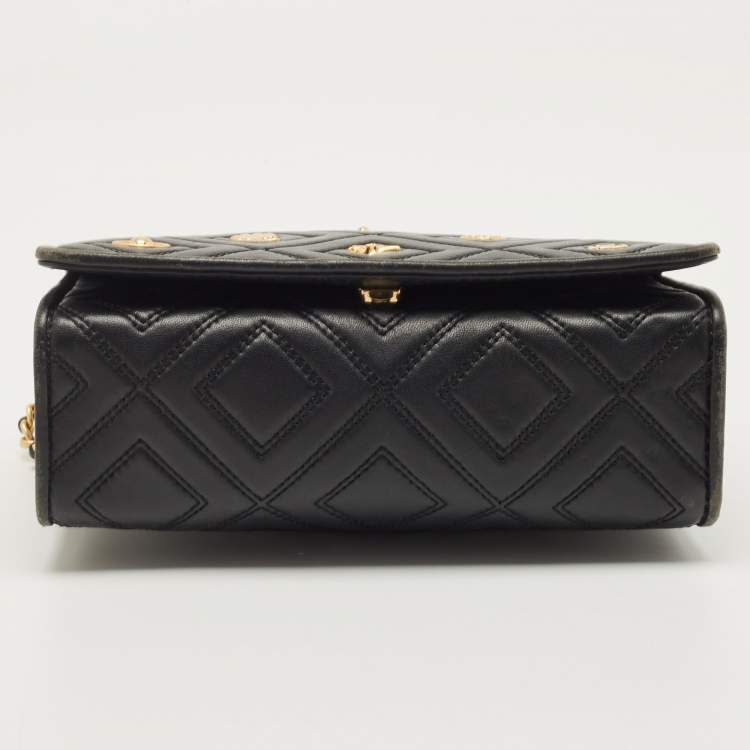 Pre Owned Tory Burch Black Leather Small Farida Fleming Charm Shoulder Bag