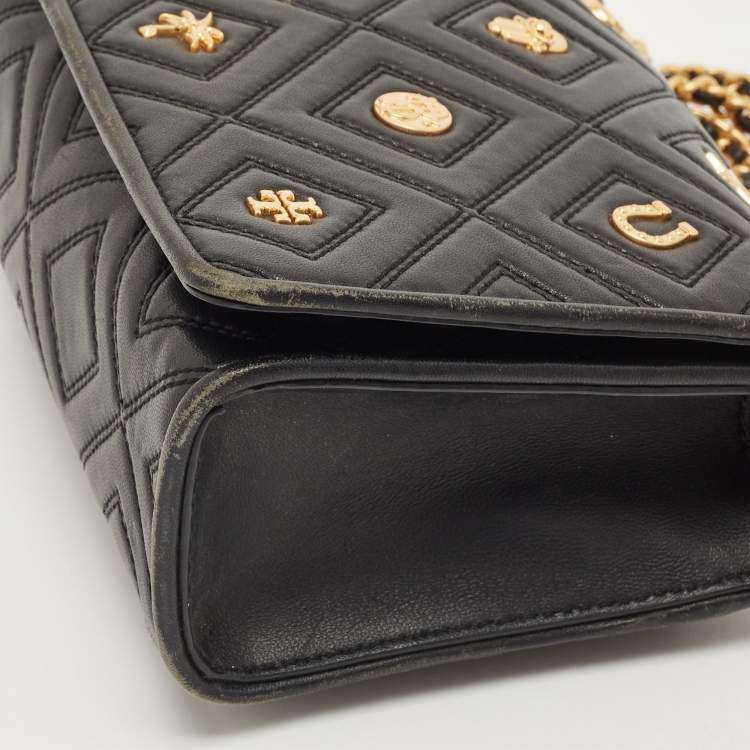 Pre Owned Tory Burch Black Leather Small Farida Fleming Charm Shoulder Bag