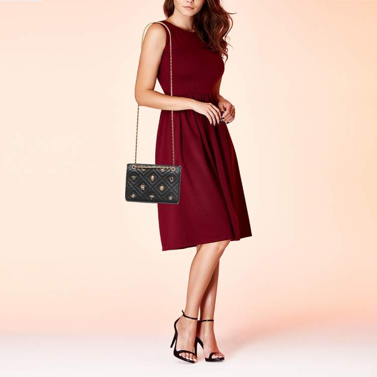 Pre Owned Tory Burch Black Leather Small Farida Fleming Charm Shoulder Bag