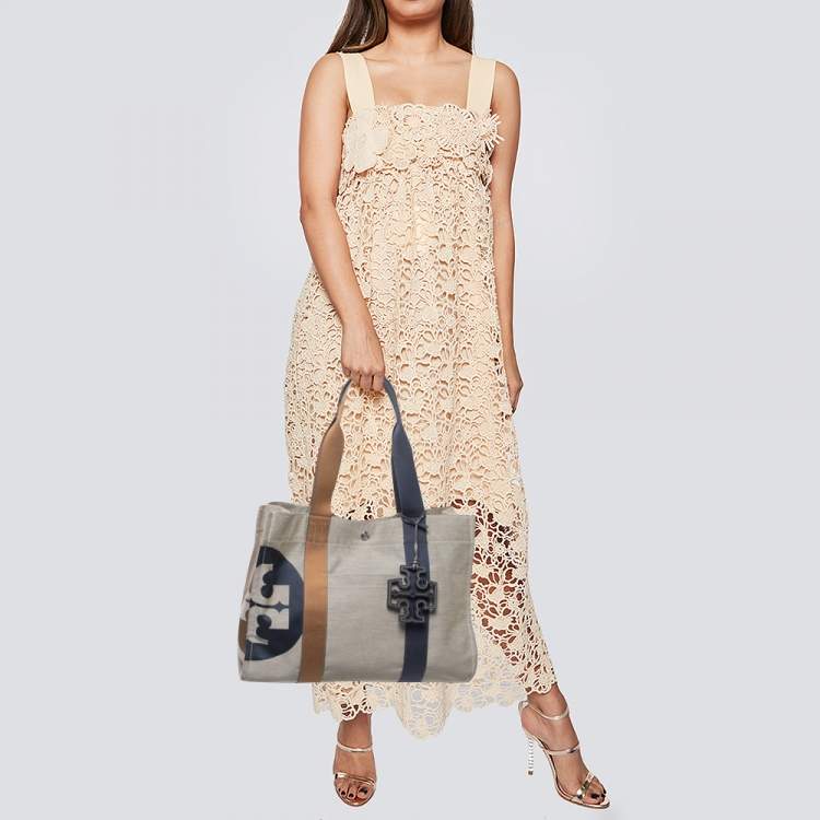 Pre Owned Tory Burch Tri Color Canvas and Leather Shopper Tote