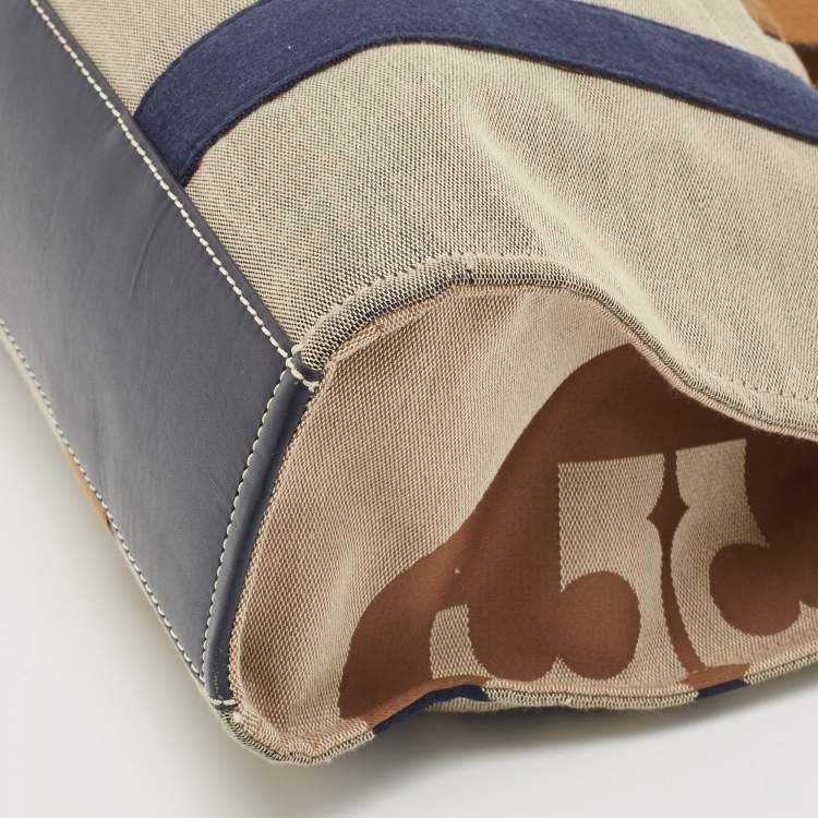 Pre Owned Tory Burch Tri Color Canvas and Leather Shopper Tote