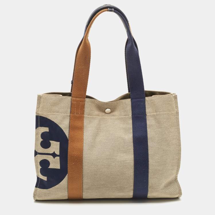 Pre Owned Tory Burch Tri Color Canvas and Leather Shopper Tote