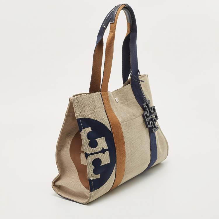 Pre Owned Tory Burch Tri Color Canvas and Leather Shopper Tote