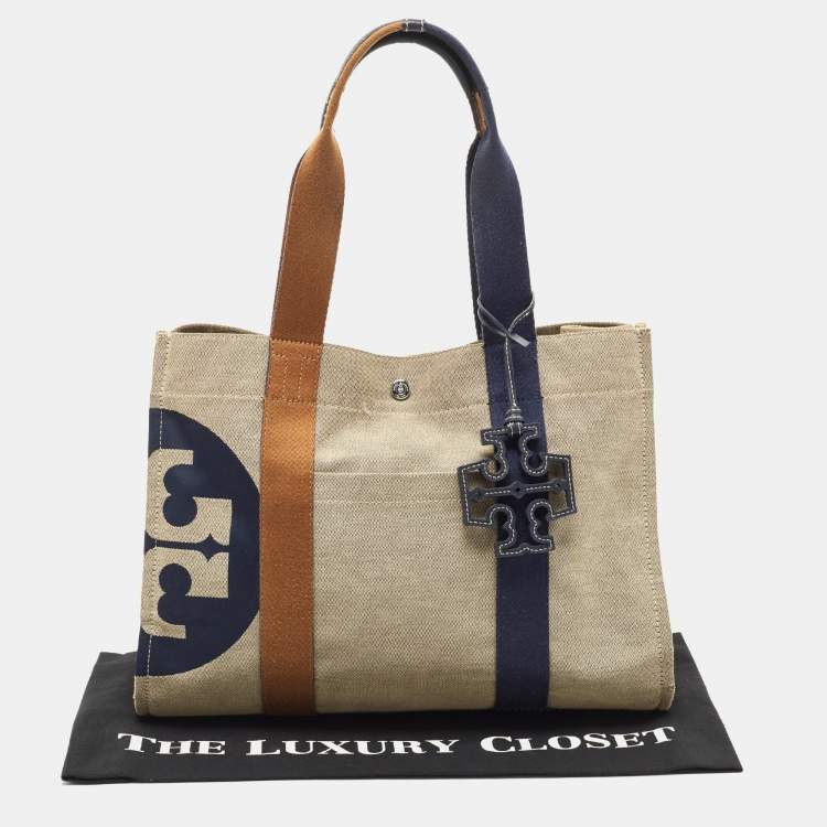 Pre Owned Tory Burch Tri Color Canvas and Leather Shopper Tote