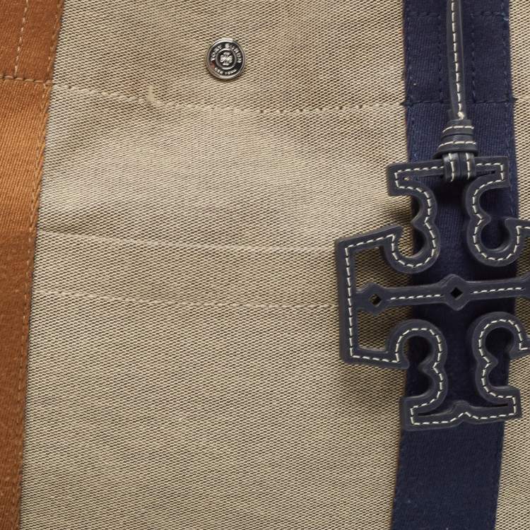 Pre Owned Tory Burch Tri Color Canvas and Leather Shopper Tote