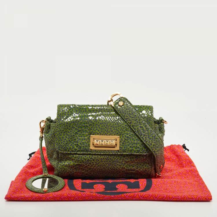 مملوكة مسبقًا Tory Burch Green Python Print Laminate Leather Shoulder Bag