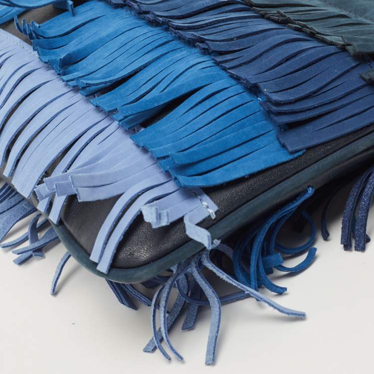 Pre Owned Tory Burch Multi Tone Blue Nubuck Fringe Wristlet Pouch