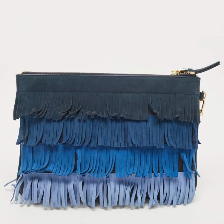 Pre Owned Tory Burch Multi Tone Blue Nubuck Fringe Wristlet Pouch