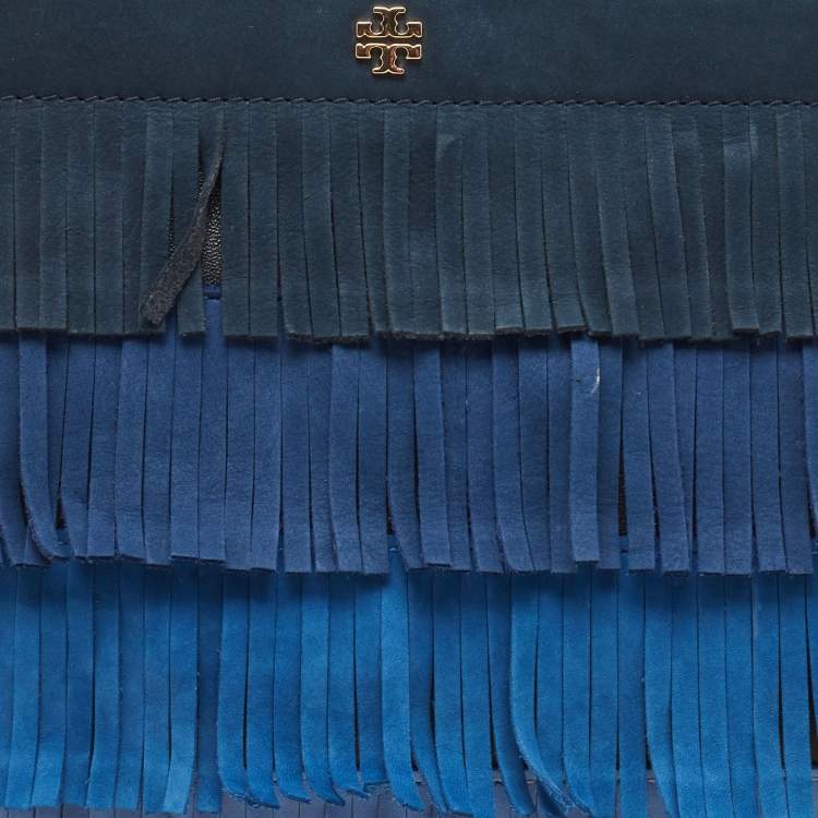 Pre Owned Tory Burch Multi Tone Blue Nubuck Fringe Wristlet Pouch