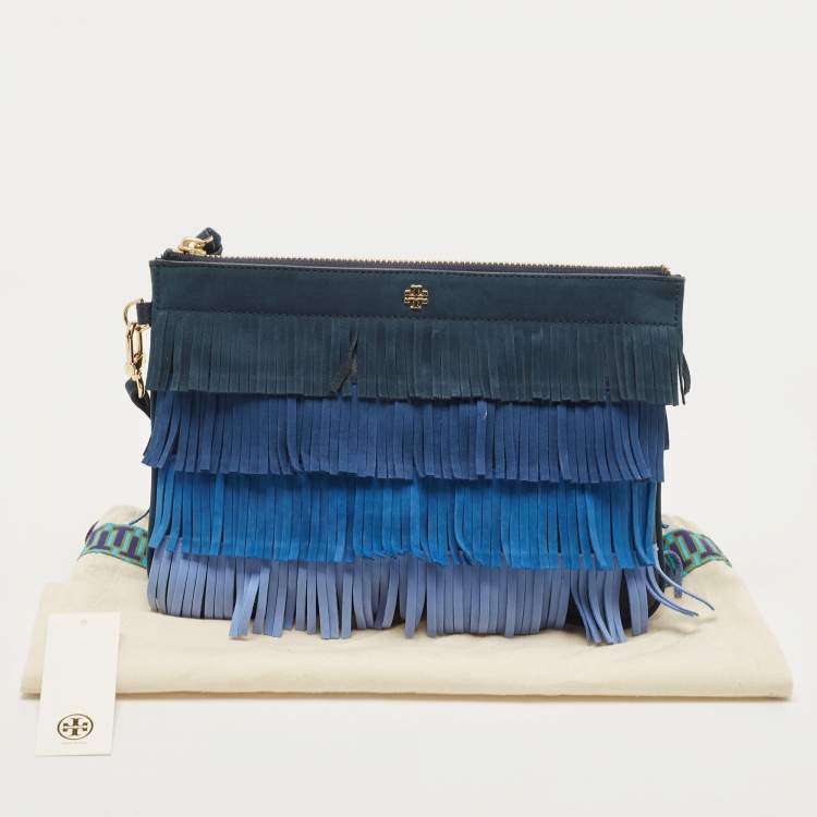 Pre Owned Tory Burch Multi Tone Blue Nubuck Fringe Wristlet Pouch