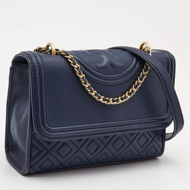 Pre Owned Tory Burch Navy Blue Leather Small Fleming Shoulder Bag