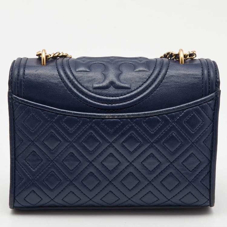 Pre Owned Tory Burch Navy Blue Leather Small Fleming Shoulder Bag