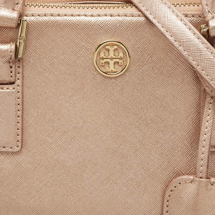Pre Owned Tory Burch Rose Gold Patent Leather Small Robinson Double Zip Tote