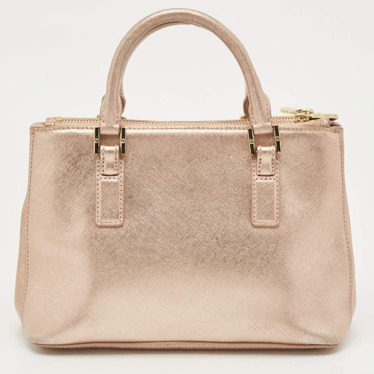 Pre Owned Tory Burch Rose Gold Patent Leather Small Robinson Double Zip Tote