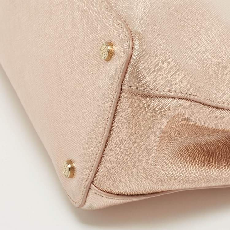 Pre Owned Tory Burch Rose Gold Patent Leather Small Robinson Double Zip Tote