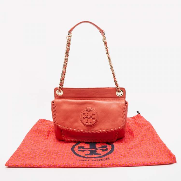 Pre Owned Tory Burch Peach Leather Marion Shoulder Bag
