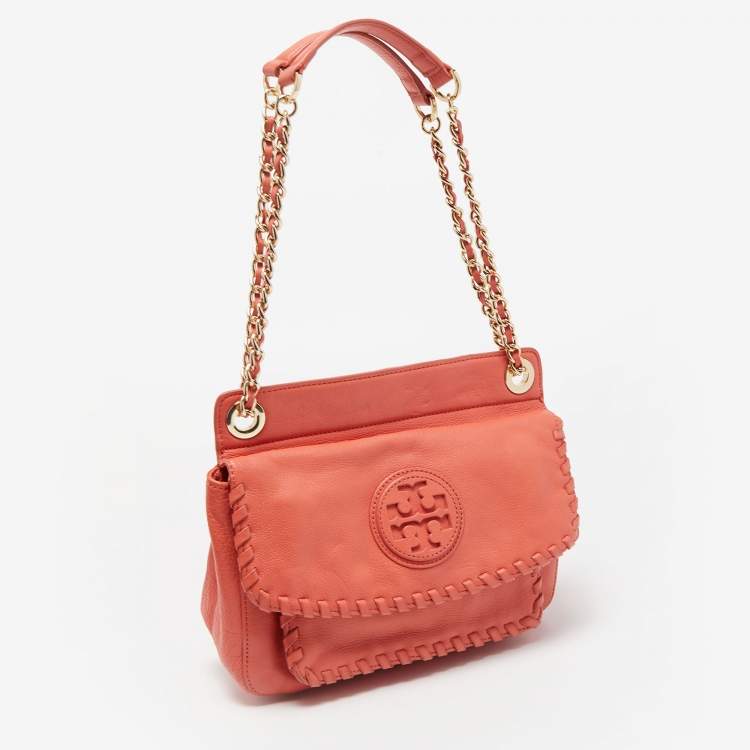 Pre Owned Tory Burch Peach Leather Marion Shoulder Bag