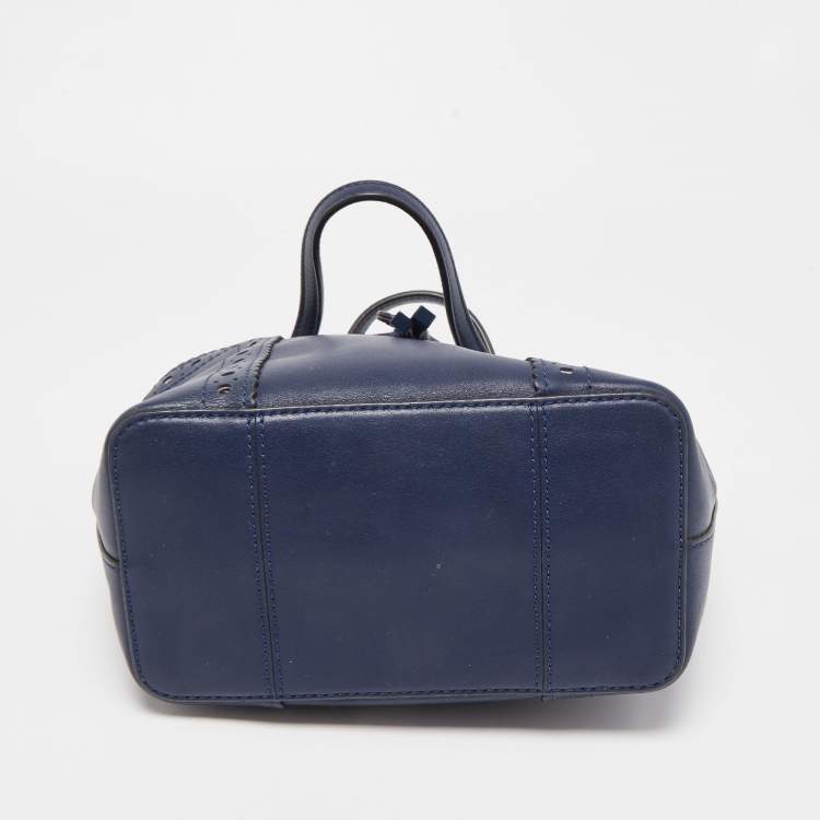 Pre Owned Tory Burch Dark Blue Brogue Leather Mini Block-T Bucket Bag