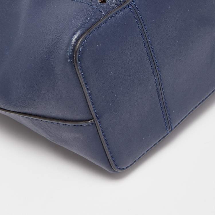Pre Owned Tory Burch Dark Blue Brogue Leather Mini Block-T Bucket Bag