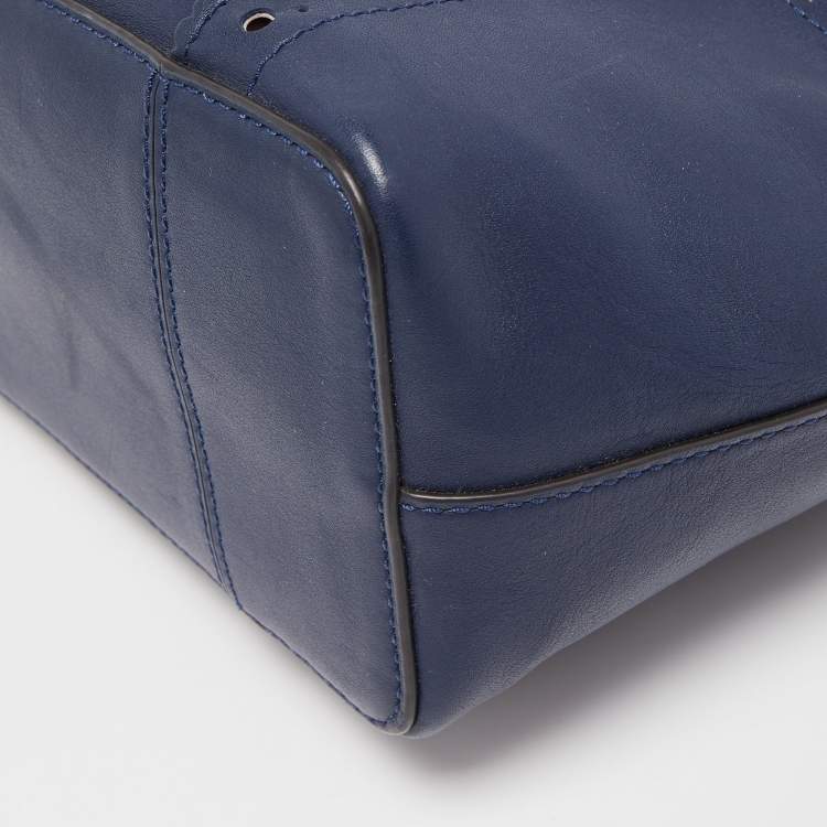 Pre Owned Tory Burch Dark Blue Brogue Leather Mini Block-T Bucket Bag
