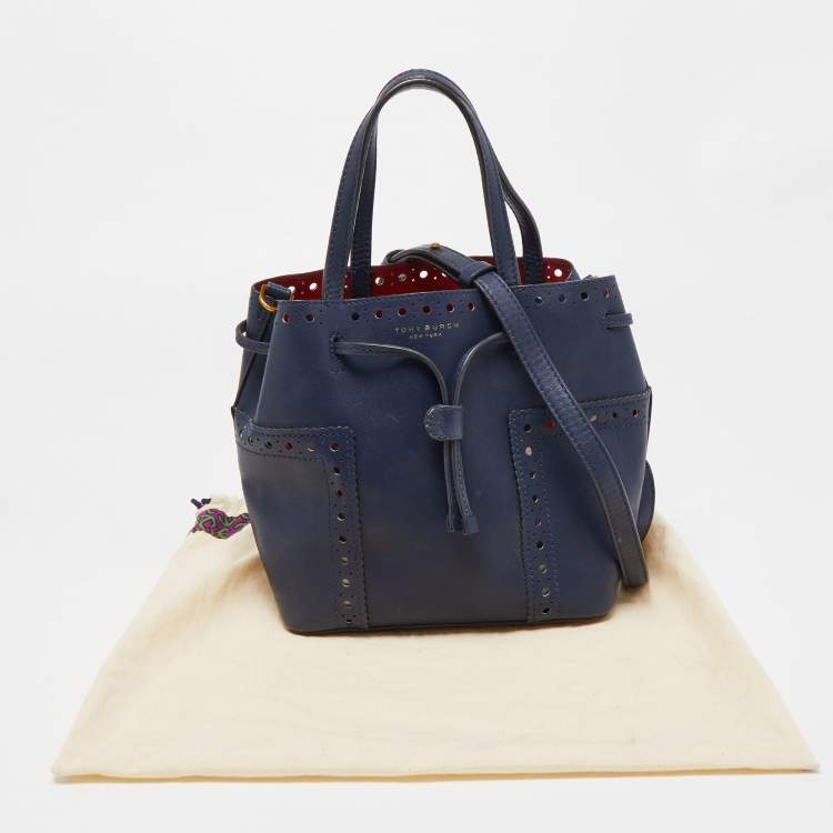 Pre Owned Tory Burch Dark Blue Brogue Leather Mini Block-T Bucket Bag