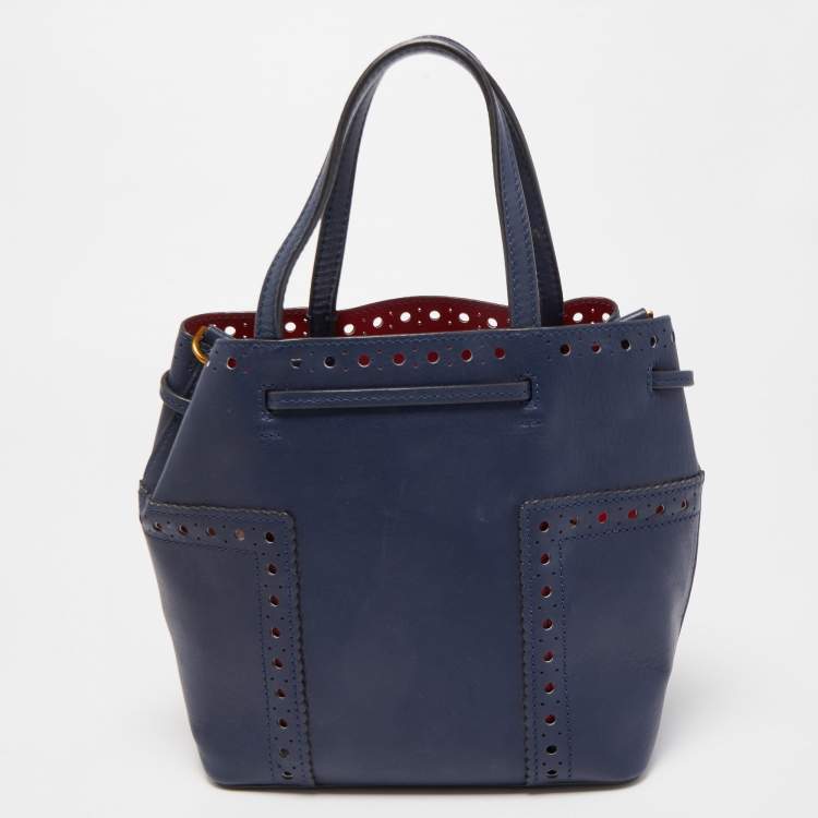 Pre Owned Tory Burch Dark Blue Brogue Leather Mini Block-T Bucket Bag