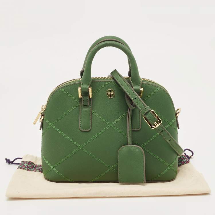 Pre Owned Tory Burch Green Leather Mini Stitched Robinson Satchel