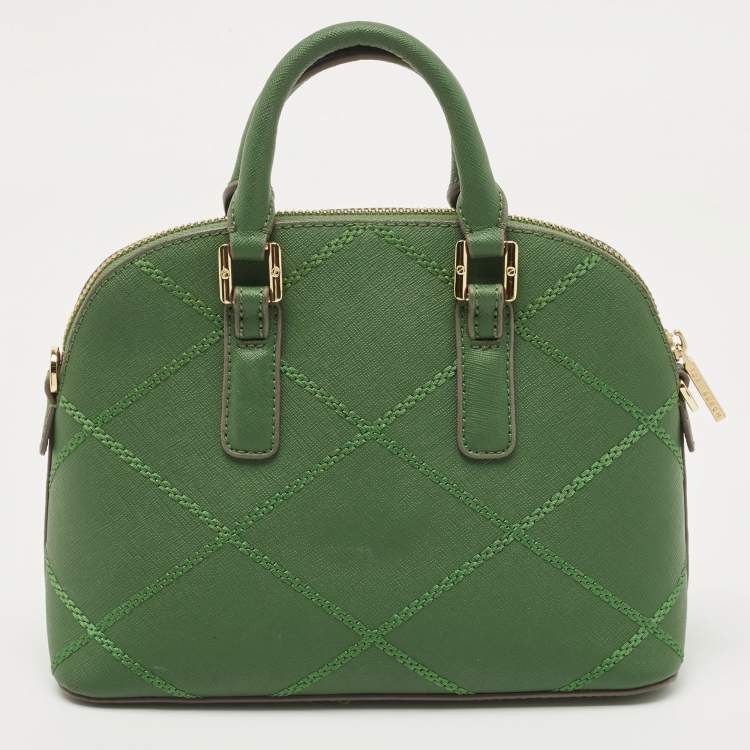 Pre Owned Tory Burch Green Leather Mini Stitched Robinson Satchel