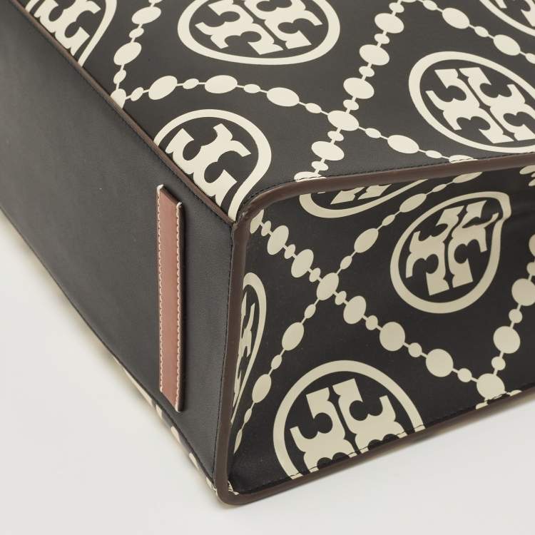 Pre Owned Tory Burch Black/Off White Monogram T Embossed Leather Contrast Tote