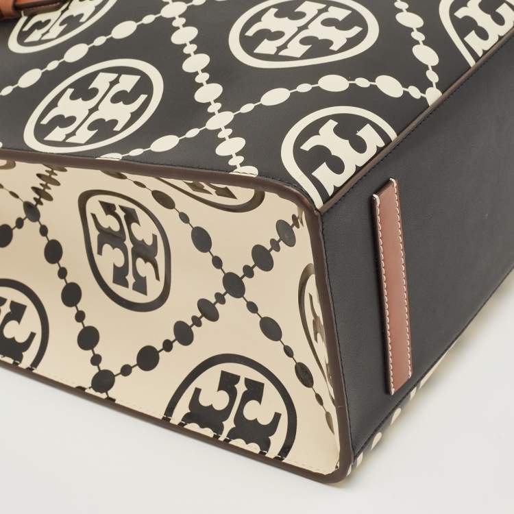 Pre Owned Tory Burch Black/Off White Monogram T Embossed Leather Contrast Tote