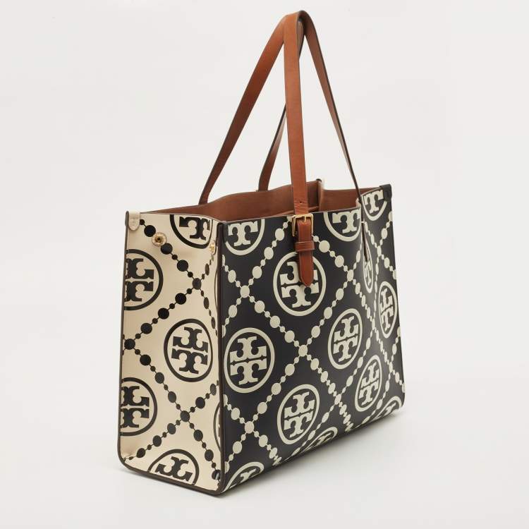 Pre Owned Tory Burch Black/Off White Monogram T Embossed Leather Contrast Tote