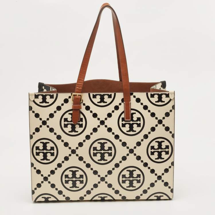 Pre Owned Tory Burch Black/Off White Monogram T Embossed Leather Contrast Tote