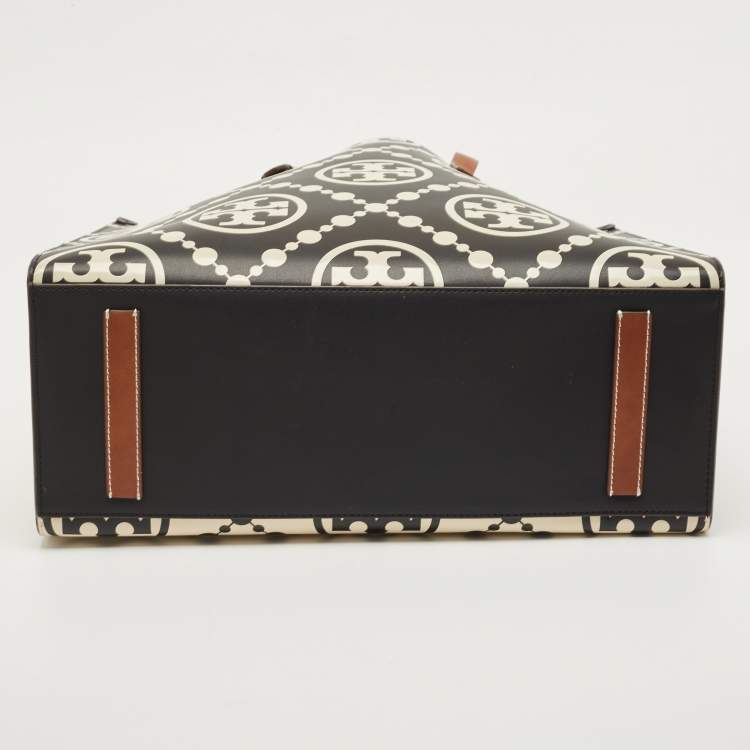 Pre Owned Tory Burch Black/Off White Monogram T Embossed Leather Contrast Tote