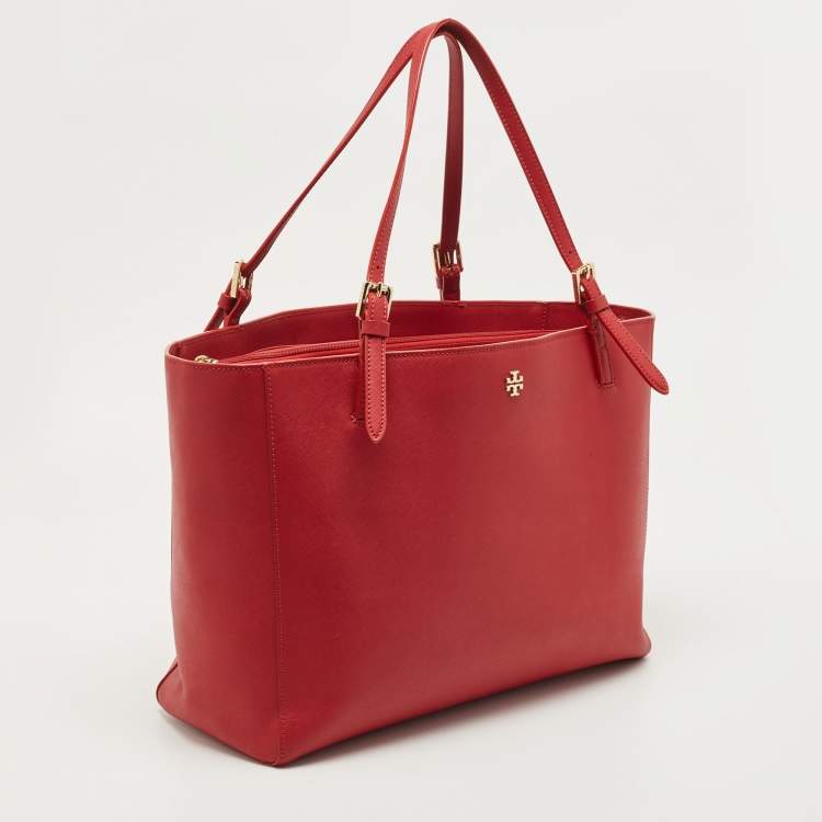 Pre Owned Tory Burch Red Leather Large York Buckle Shopper Tote