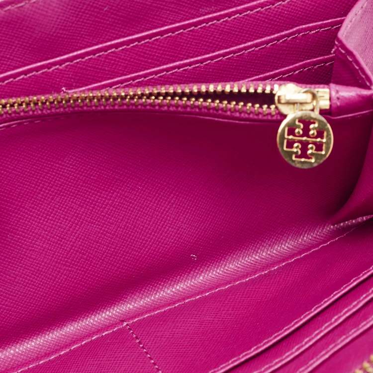 Pre Owned Tory Burch Majenta Saffiano Leather Robinson Zip Around Wallet