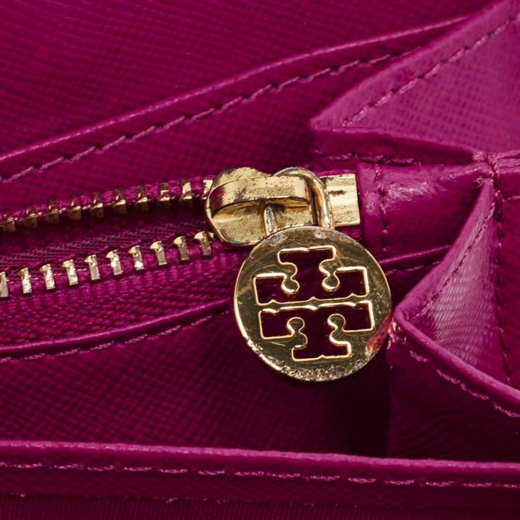 Pre Owned Tory Burch Majenta Saffiano Leather Robinson Zip Around Wallet