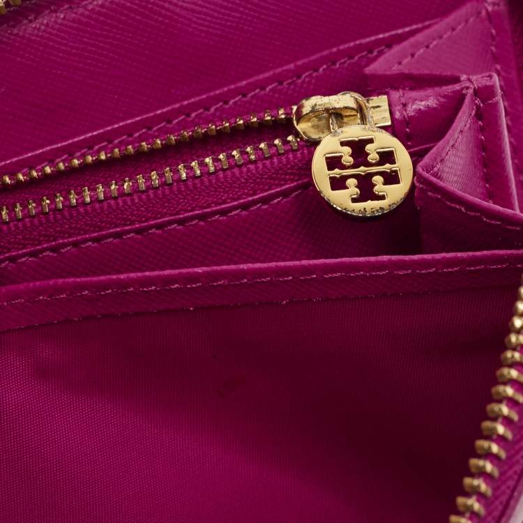 Pre Owned Tory Burch Majenta Saffiano Leather Robinson Zip Around Wallet
